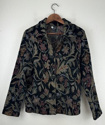 Vintage First Option Floral Tapestry Carpet Jacket Black Button Up Size XL