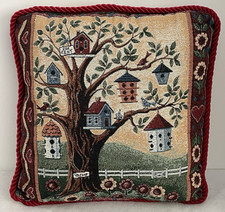 Birds  Bird Houses  Flowers Tapestry Throw Pillow Red Trim 15 Inch x 15 Inch