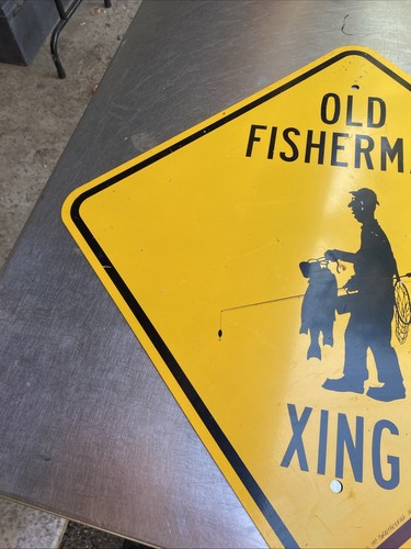 18" Old Fisherman Crossing Xing Vintage Steel Metal Sign Marketfacturing 1989 - Picture 9 of 11