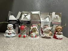 5 Vtg JASCO Caring, L’il & Soft Critter Chimers Bisque Porcelain Bell Ornaments