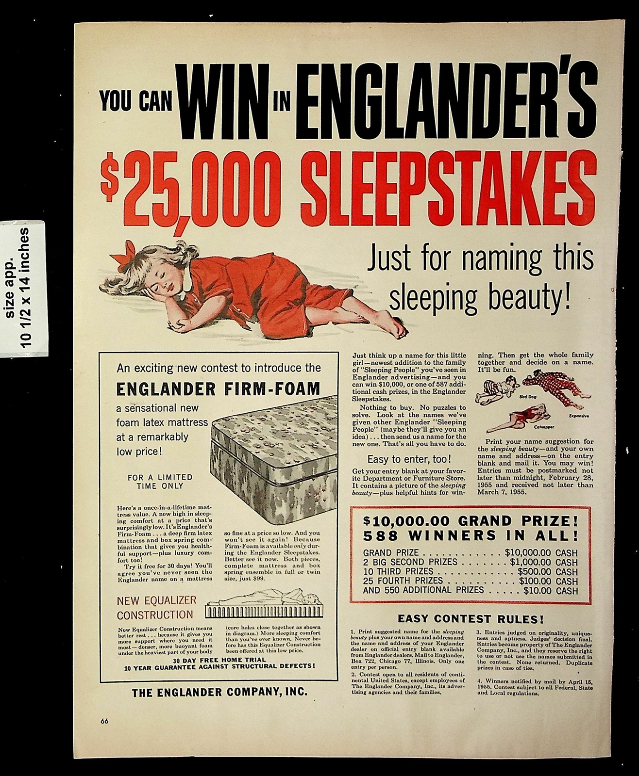 1955 Win in Englander's Firm Foam Mattress Vintage Print Ad 19336