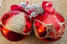 2 Red Glass Ball Ornaments Gold Glitter  Pinecones Christmas Lot Krebs Vintage