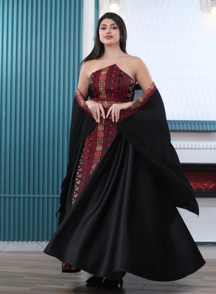 Women Palestinian Embroidered Satin Dress Traditional  Sleeveles with scarf - Image 3 of 4