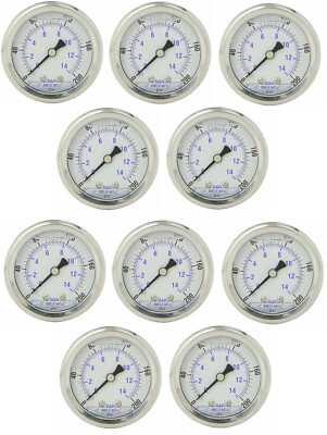 #ad 10 PACK LIQUID FILLED PRESSURE GAUGE 0 200 PSI 2quot; FACE 1 4quot; BACK MOUNT $165.53