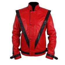 Michael Jackson Thriller Mens Handmade Costum Old Style Red Real Leather Jacket