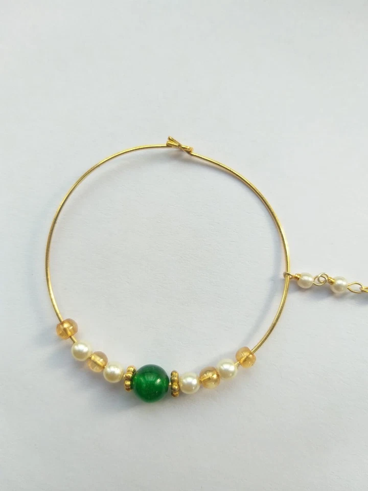 Anillo nariz cuentas verdes indio nath joyería chapado en oro boda aro piercing cadena Foto 3 de 4