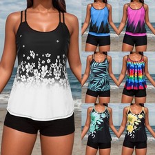 Womens Padded Tankini Set Boy Shorts Swimsuit Bathing Beach Swimwear Costume