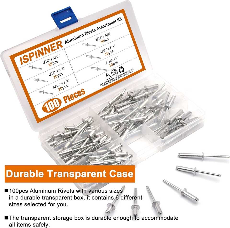 Pop Ribet ISPINNER 100Pcs 6 Sizes Aluminum Blind Rivets, Pop Rivets Assortment ...