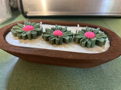 Wooden Dough Bowl Soy Wax Decorative Candle w/ 3 Flower Wicks, Cucumber Melon