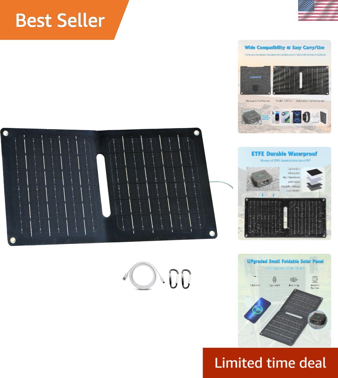 Durable Monocrystalline Solar Panel with Carabiners - Perfec