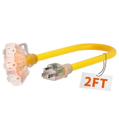 2 FT 12/3 Gauge Outdoor Extension Cord with Multiple Outlets Light Indicator,...