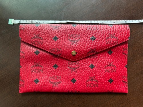 Authentic MCM Envelope Pouch Clutch Red Snap Button Leather