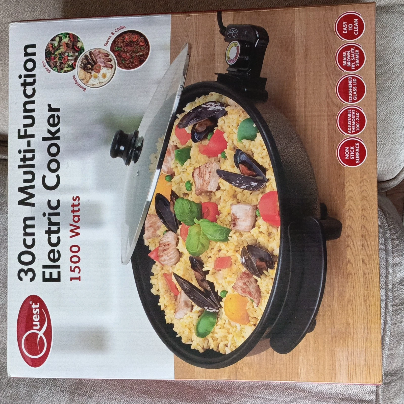 Quest 30cm Multi-Function Electric Cooker Pan with Glass Lid 1500W