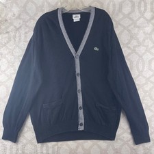 Lacoste Mens Black Cotton V-Neck Cardigan Sweater Striped Trim Size 6