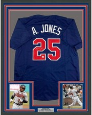 FRAMED Autographed/Signed ANDRUW JONES 33x42 Atlanta Blue Jersey JSA COA Auto