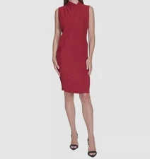 Halston Women's Red Glittered Lined Mock Neck Faux-Wrap Dress Sheath Size 16