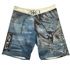 Affliction Board Shorts Mens 40 Blue Ombr  Samurai Skull Graphic Swim Trunks Y2K