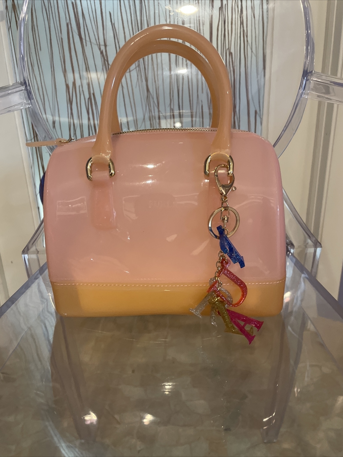 Furla Pink/ Peach Plastic Handle Bag W Charms