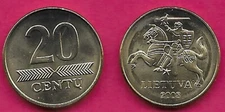 LITHUANIA 20 CENTU 2008 UNC KNIGHT,LARGE VALUE TO RIGHT,NATIONAL COAT OF ARMS,Sc