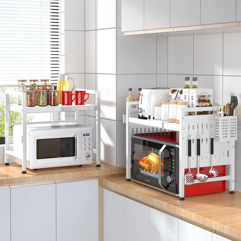 Scaffale Porta Microonde Bianco Allungabile Mensola Cucina Porta Utensili Spezie - Immagine 2 di 4