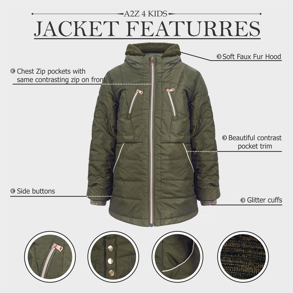 Kids Girls Longline Fashion Olive Padded Casual School Jacket