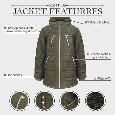 Kids Girls Longline Fashion Olive Padded Casual School Jacket