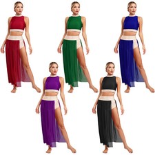 Women Outfit Dance Costume Sparkling Set Mock Neck Crop Top Flowy Skirt Shiny