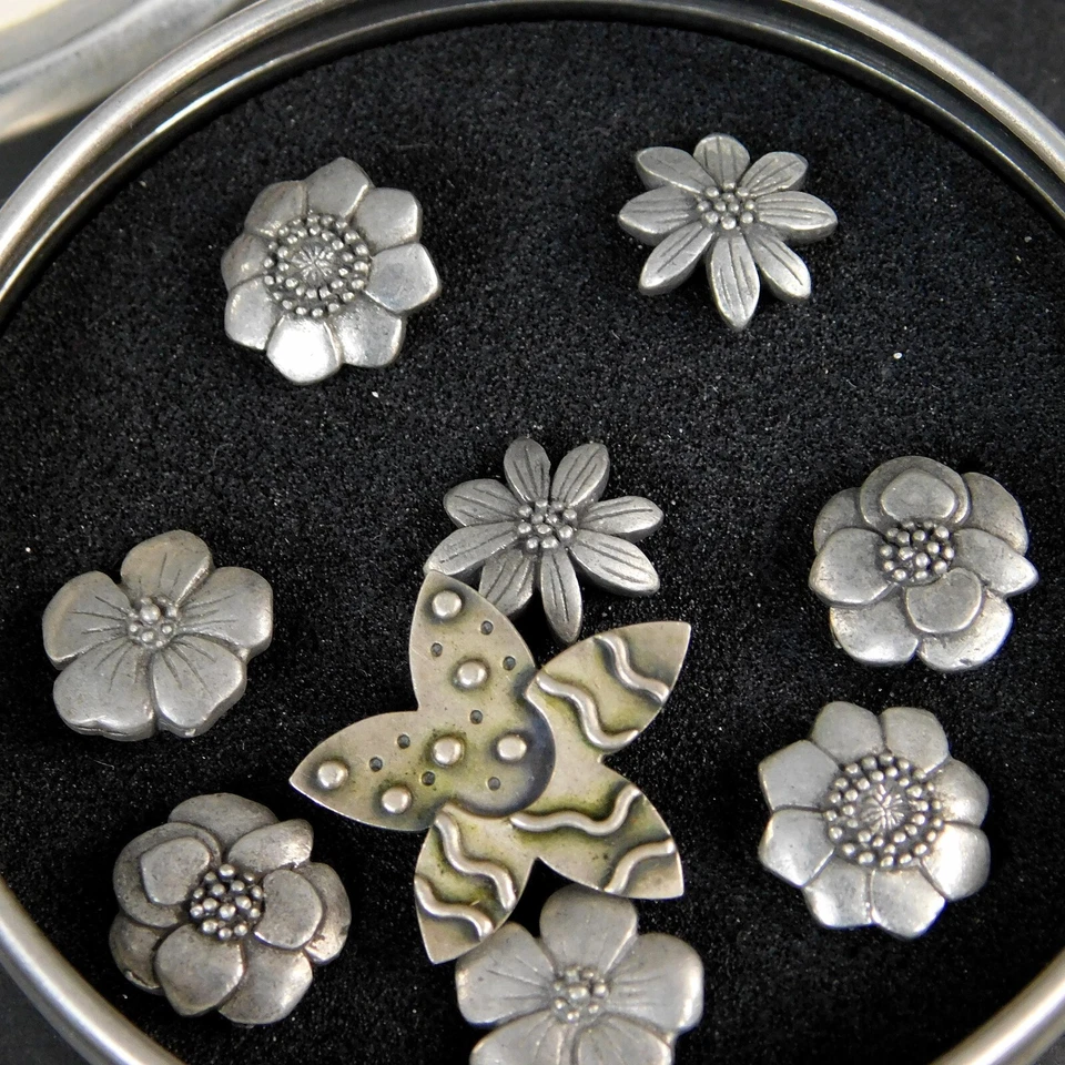 Robinhood Set 8 Floral  Pewter Push Pins Tacs Added 1 Silver Star 925 - Image 3 of 4