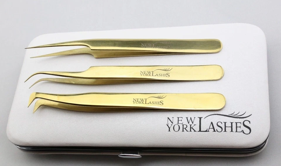 Extensiones de Pestañas Doradas Volumen 3D Pinzas Kit 3 Pinzas + Estuche Clutch Imán Foto 2 de 4