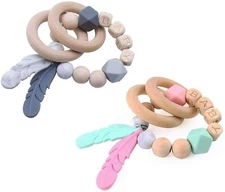 Baby Rattle Teething Bracelet Soft Silicone Feather Pendant Organic Wooden Beads