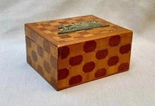Vintage Wooden Marquetry 'Inlay' Veneer Box w/ Metal Applique