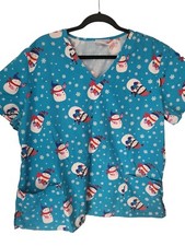 SB Scrubs Snowman Print Medical Scrub Top XL Womens Blue White Short Sleeve