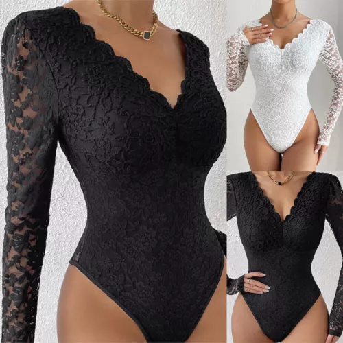 Sexy Langarm DAMEN BODY Spitzenbody Stringbody Bodysuit Dessous Unterwäsche Neu - Bild 1 von 15