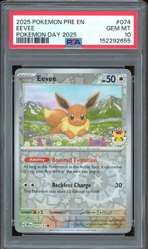 PSA 10 GEM MINT - Eevee #074 Prismatic Evolutions Pokemon Day 2025 Stamped