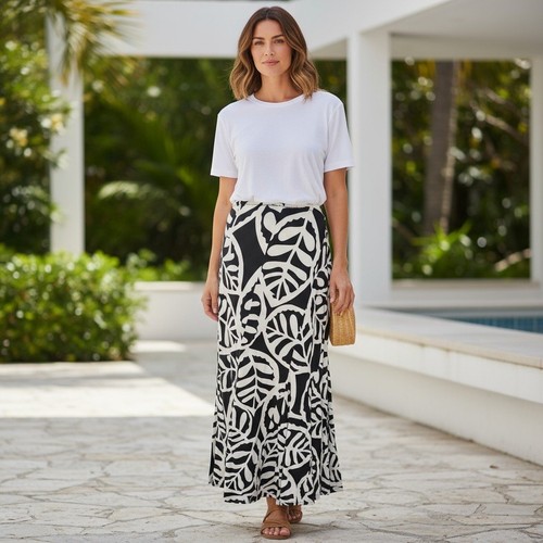 Tribal Monochrome Leaf A-Line Skirt