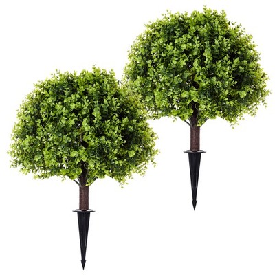 2PCS 24'' Artificial Eucalyptus Shrubs w/Ground Stakes Outdoor Faux Topiary Plant