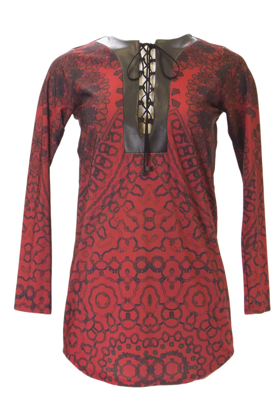 ANALILI Women's Floral Print Contrast Inset Lace Up Tunic Sz X-Small Maroon
