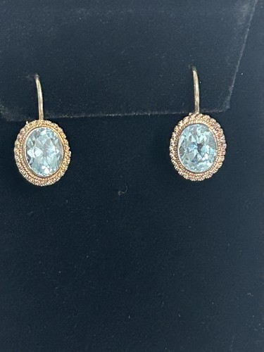Vintage FAS 925 Sterling Silver Oval Light Blue Stone Bezel Drop Wire Earrings