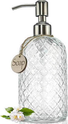 18Oz Gem Patterned Clear Glass Soap Dispenser with Rust Proof Pump, Refillable H