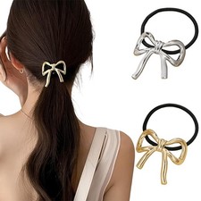2 PCS Women Gold Silver Bowknot Hair Ties Bow Ponytail Holder Metal Rope Bands