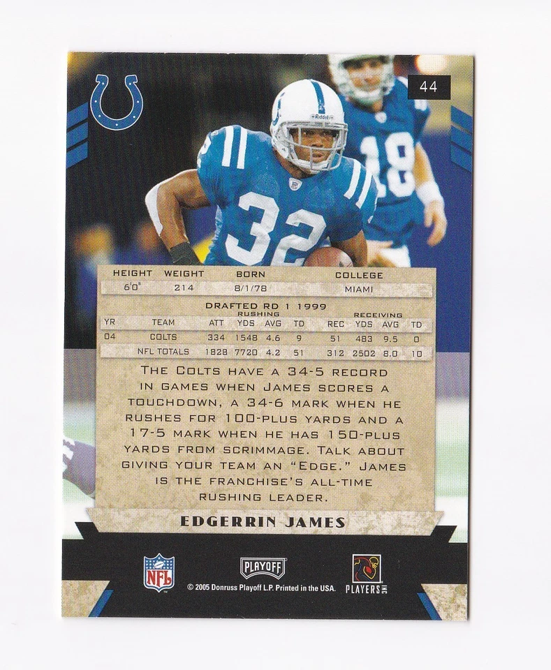 2005 Playoff Honors #44 Edgerrin James Indianapolis Colts Miami Hurricanes - Image 2 of 4