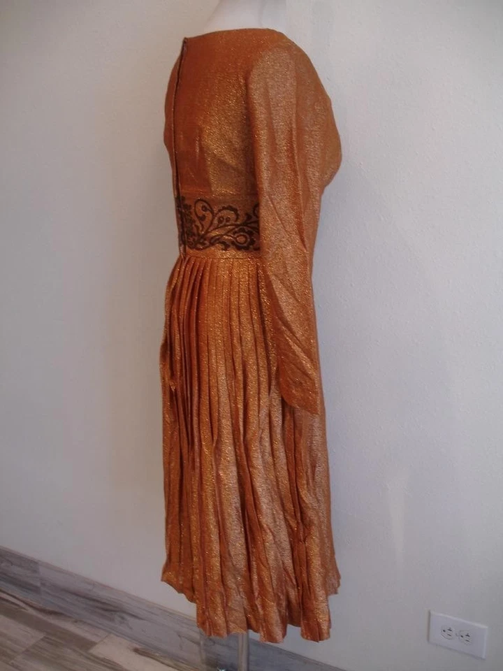 Women's S 10 Vtg 1960's Alfred Shaheen Metallic Gold Bronze Dress Pleated Gown - Image 3 of 4