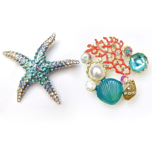 2pcs Brooch Blue Silver Starfish Red Orange Coral Gold Shell Pearl Nautical Pin