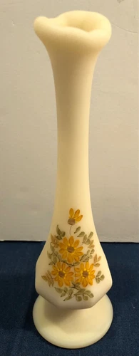 Vintage FENTON Custard Glass 8" Swung Bud Vase Hand-Painted Signed J. Mulneix