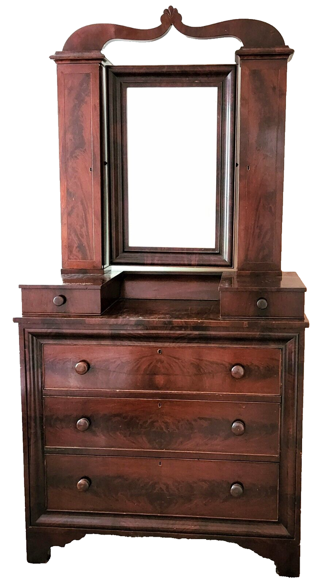 c1840 Empire DRESSER, Flame Mahogany, Cabinet Top, Ogee Framing