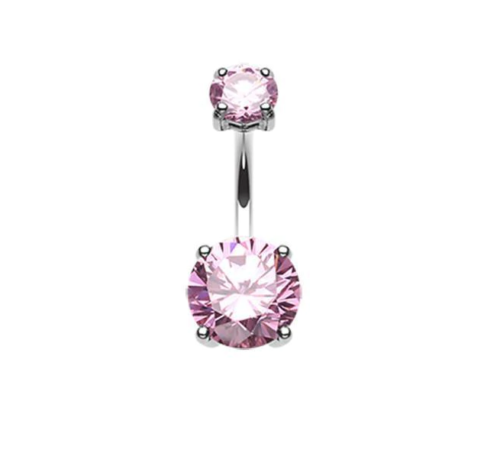14G PRONG SET PINK DOUBLE GEM BELLY BUTTON RING NAVAL BARBELL PIERCING JEWELRY