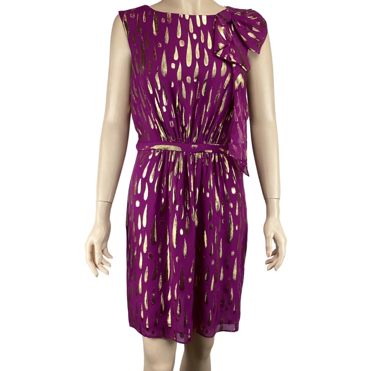 Milly New York Dress Size 8 Purple & Gold Metallic Silk Blend W/ Bow Accent