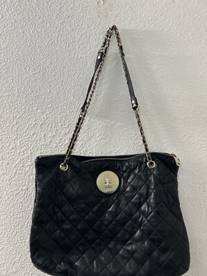 DKNY Womens Leather Quilted Texture Gold Tone Crossbody Shoulder Handbag Black