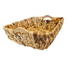 Handcrafted Water Hyacinth Basket w Wooden Handles Wicker Shelf Basket 14" x 11"