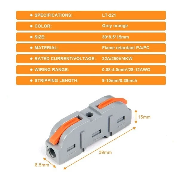 SPRING LEVER TERMINAL BLOCK ELECTRICAL CABLE WIRE CONNECTOR QUICK SPLICE INLINE - Image 4 of 4